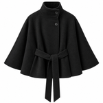 Women’s Button-Front Cape Coat with High Collar and Tie Belt — view 2