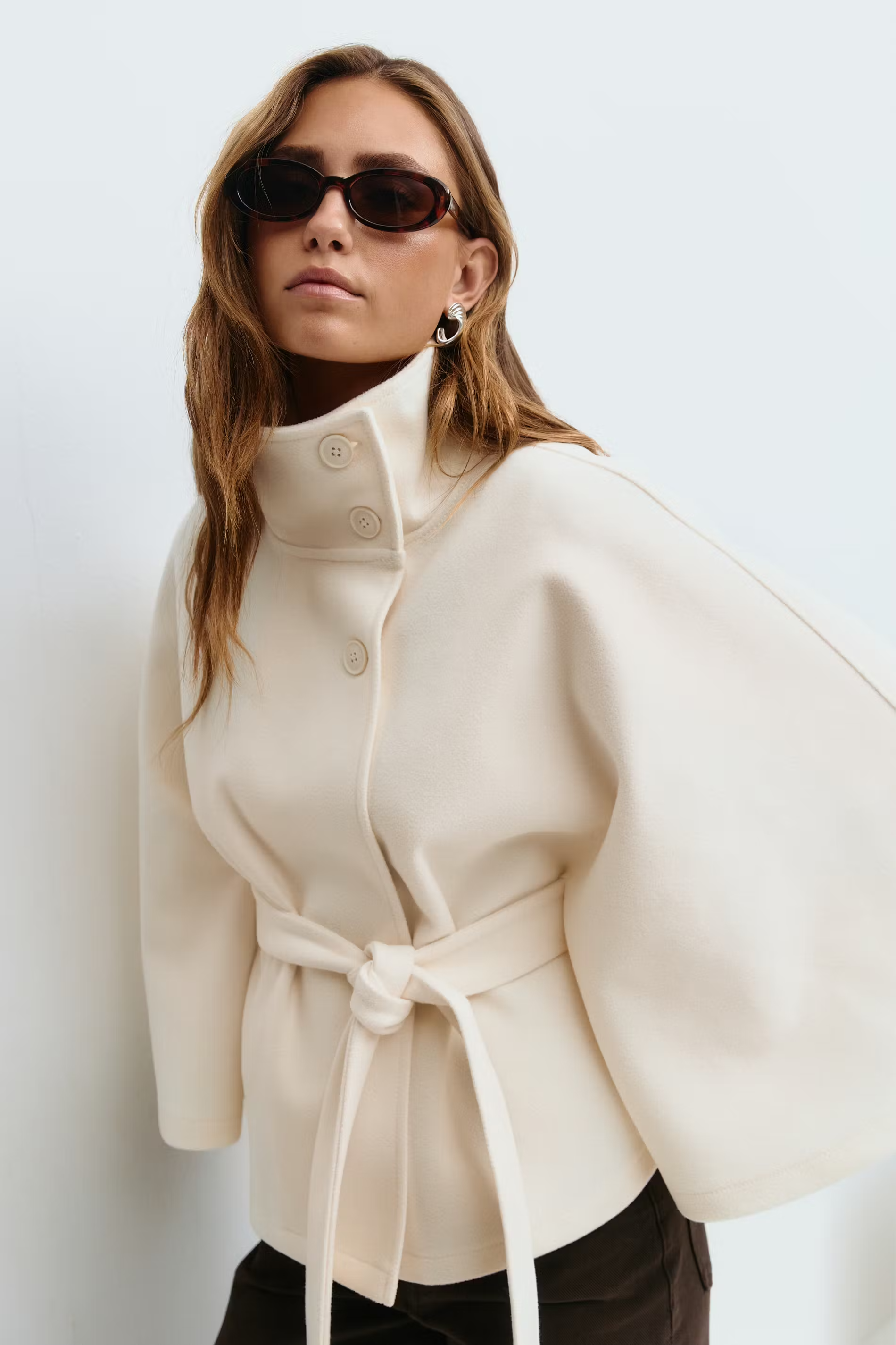Women’s Button-Front Cape Coat with High Collar and Tie Belt — view 6