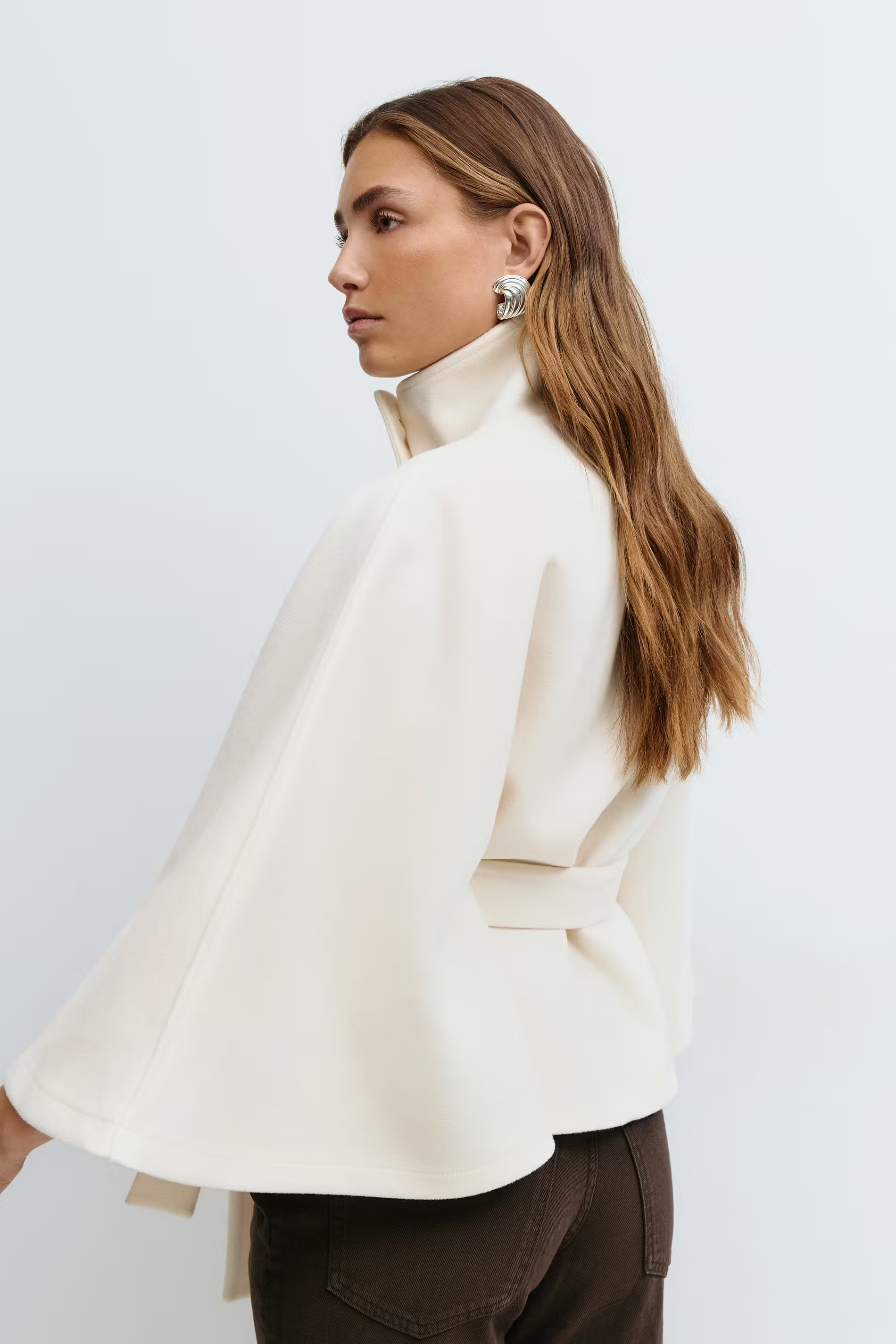 Women’s Button-Front Cape Coat with High Collar and Tie Belt — view 7