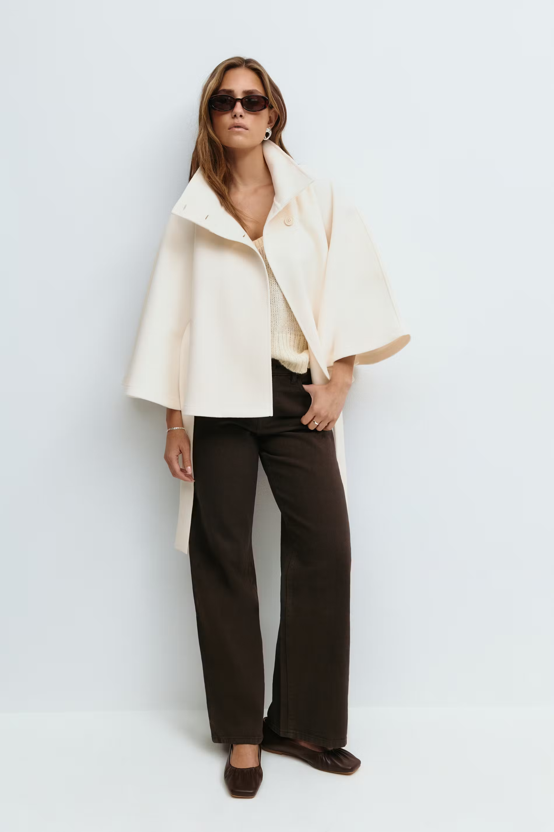 Women’s Button-Front Cape Coat with High Collar and Tie Belt — view 8