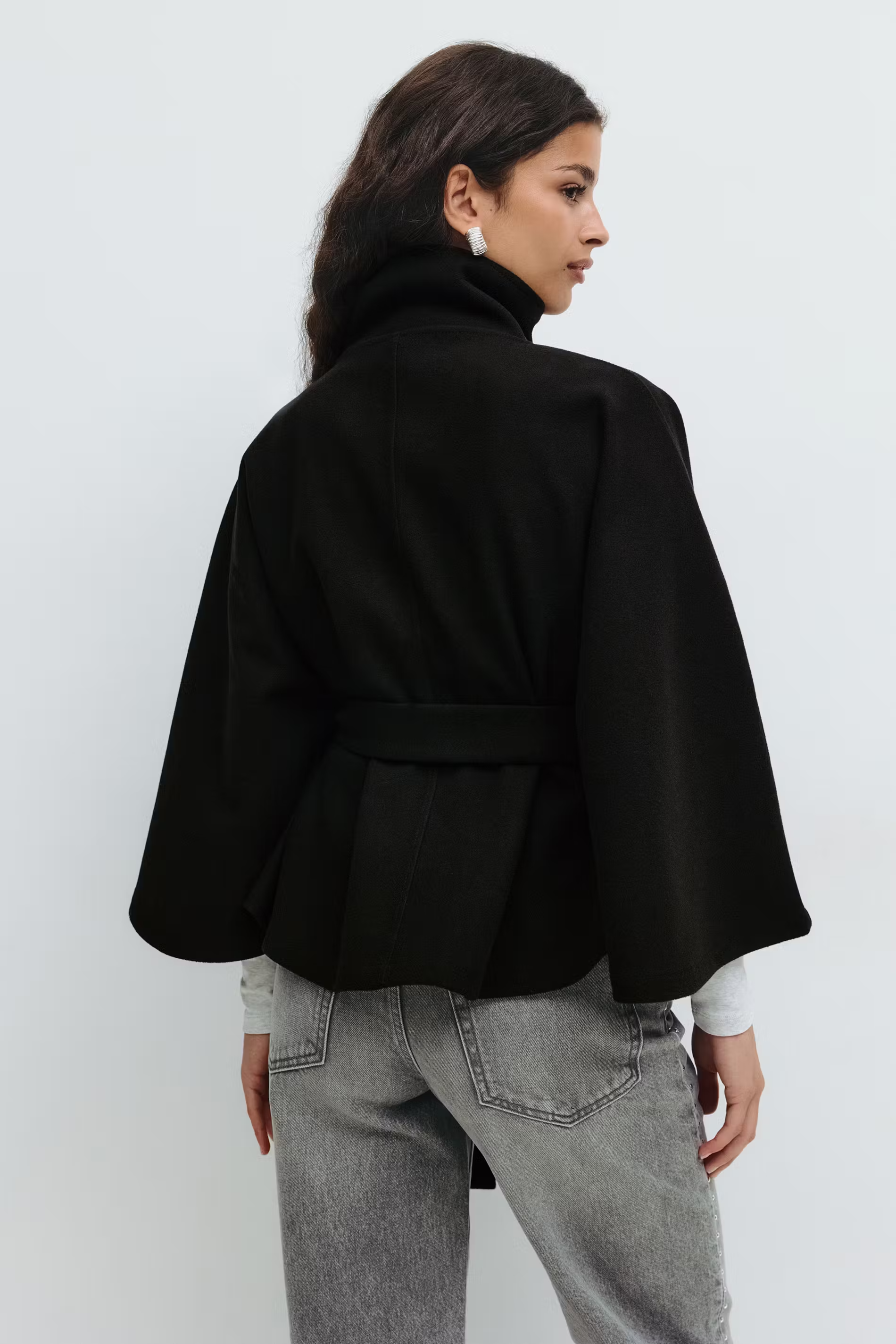 Women’s Button-Front Cape Coat with High Collar and Tie Belt — view 9
