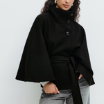 Women’s Button-Front Cape Coat with High Collar and Tie Belt — view 10