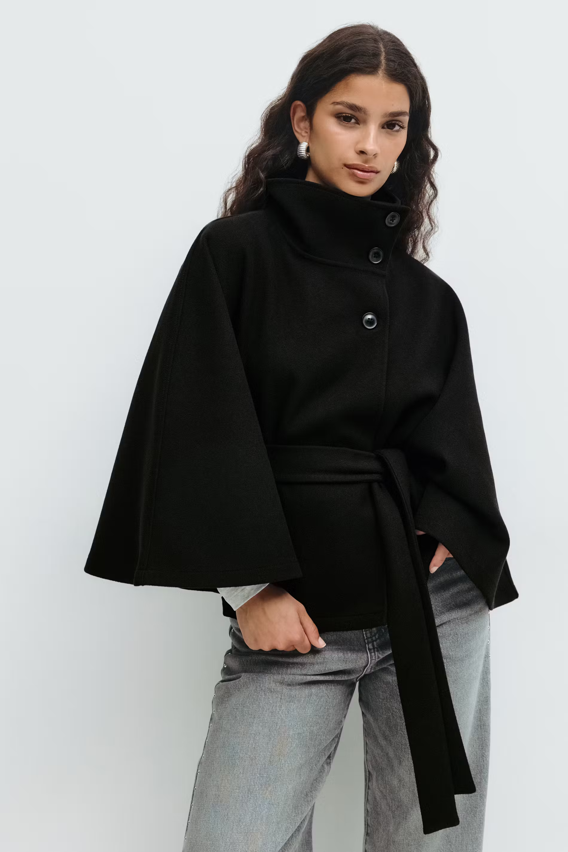 Women’s Button-Front Cape Coat with High Collar and Tie Belt — view 10