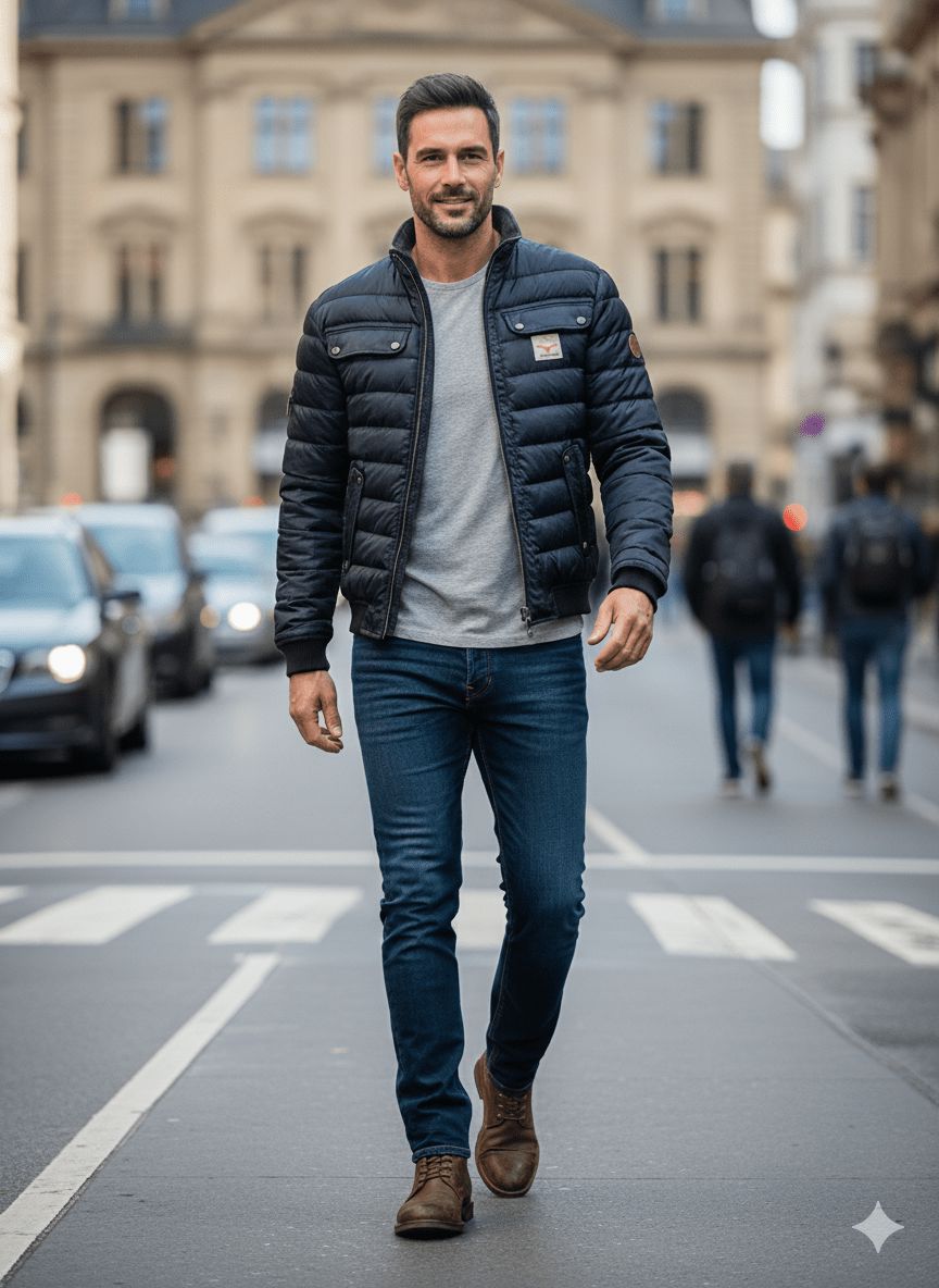Men’s Navy Quilted Jacket with Stand Collar — view 3