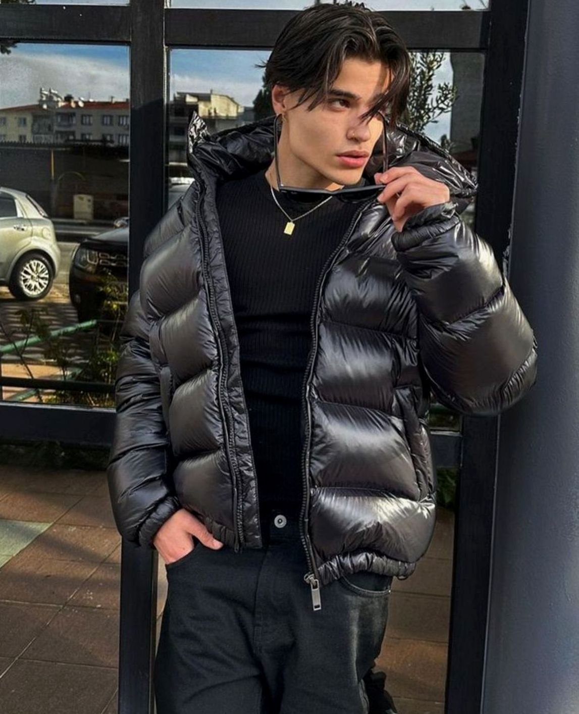 Men’s Glossy Hooded Quilted Puffer Jacket — view 5