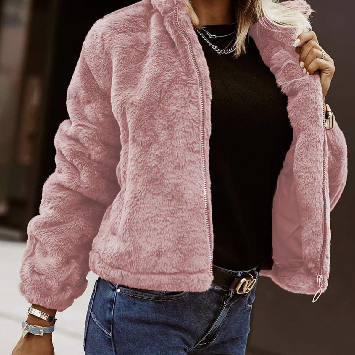 Women's Teddy-Texture Zip-Up Bomber Jacket — view 4