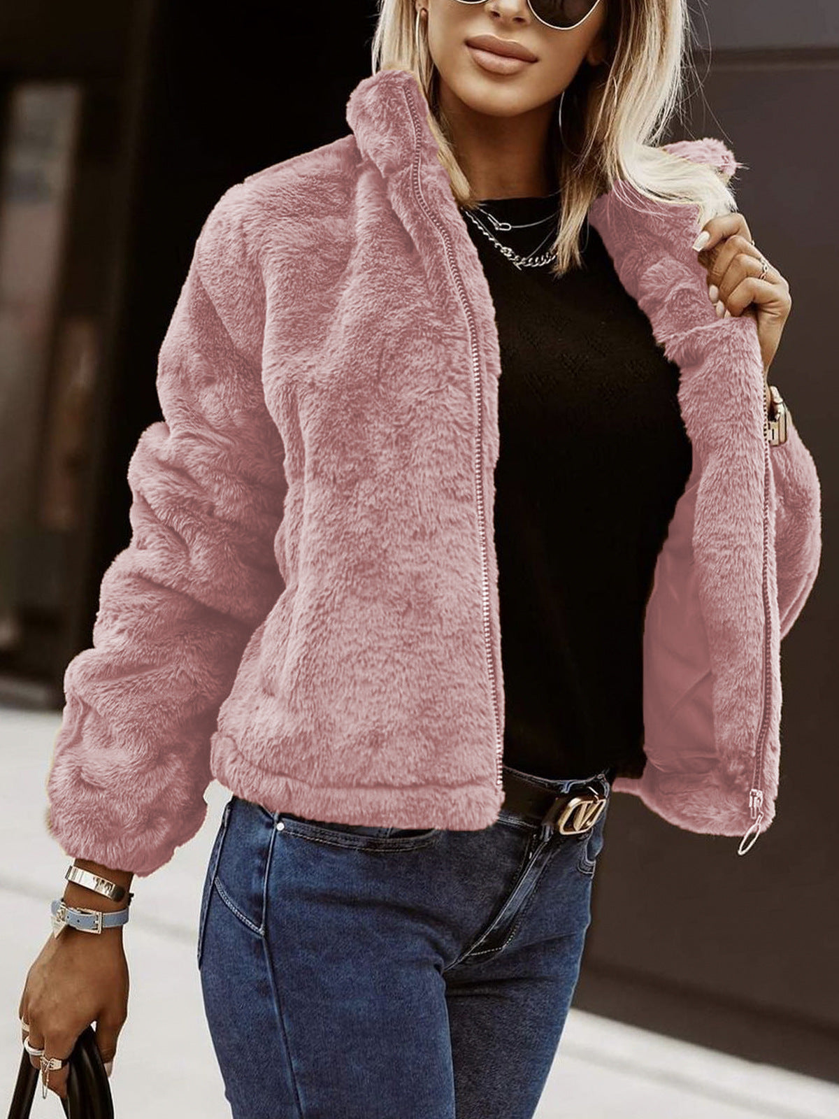 Women's Teddy-Texture Zip-Up Bomber Jacket — view 4