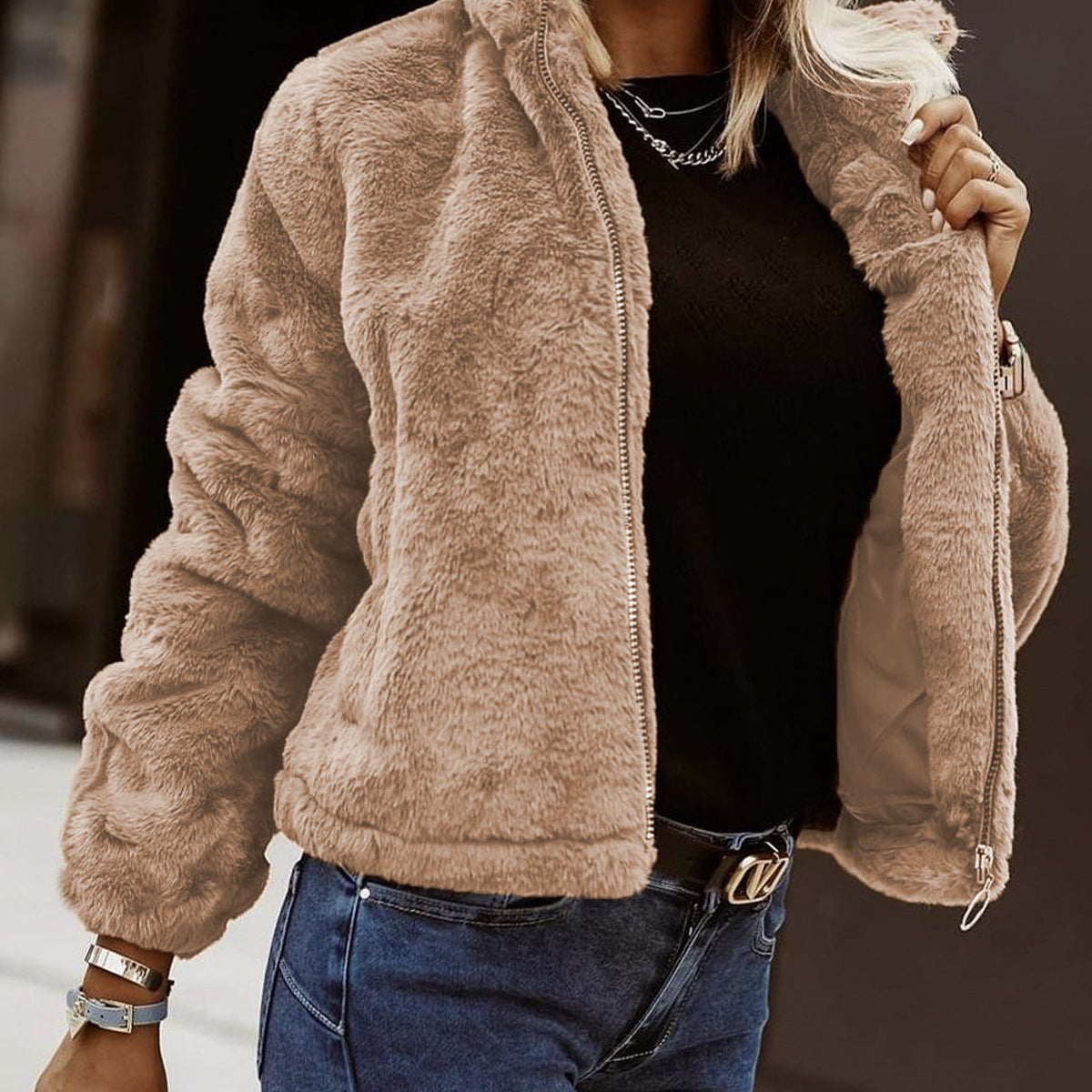 Women's Teddy-Texture Zip-Up Bomber Jacket — view 6