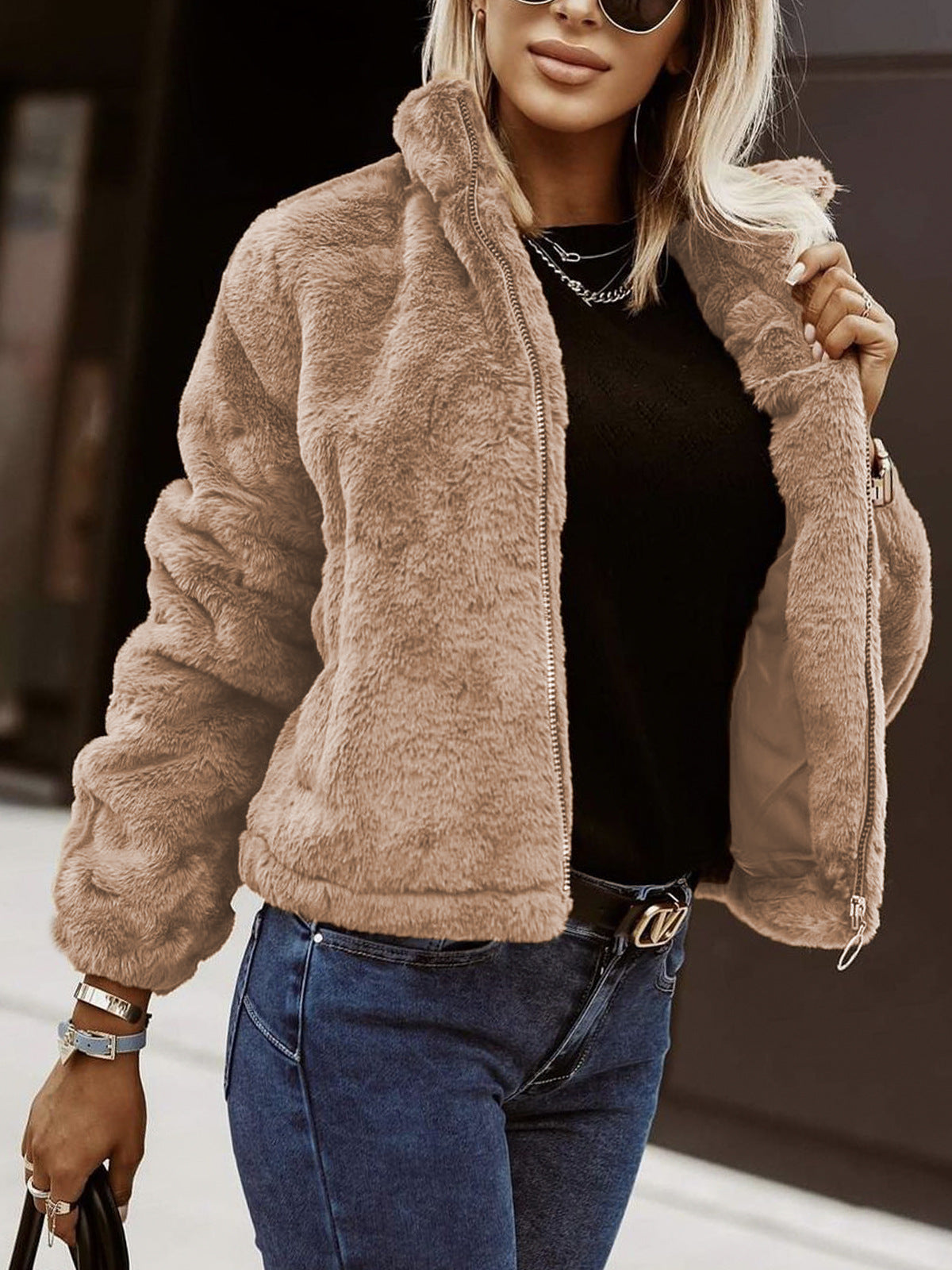 Women's Teddy-Texture Zip-Up Bomber Jacket — view 6