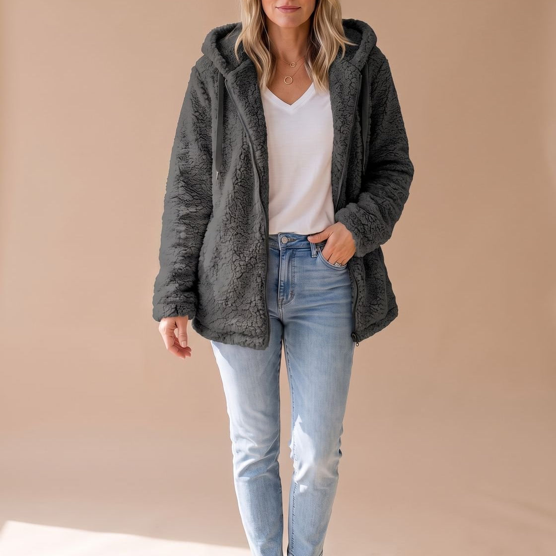 Women's Oversized Hooded Teddy Fleece Coat — view 3