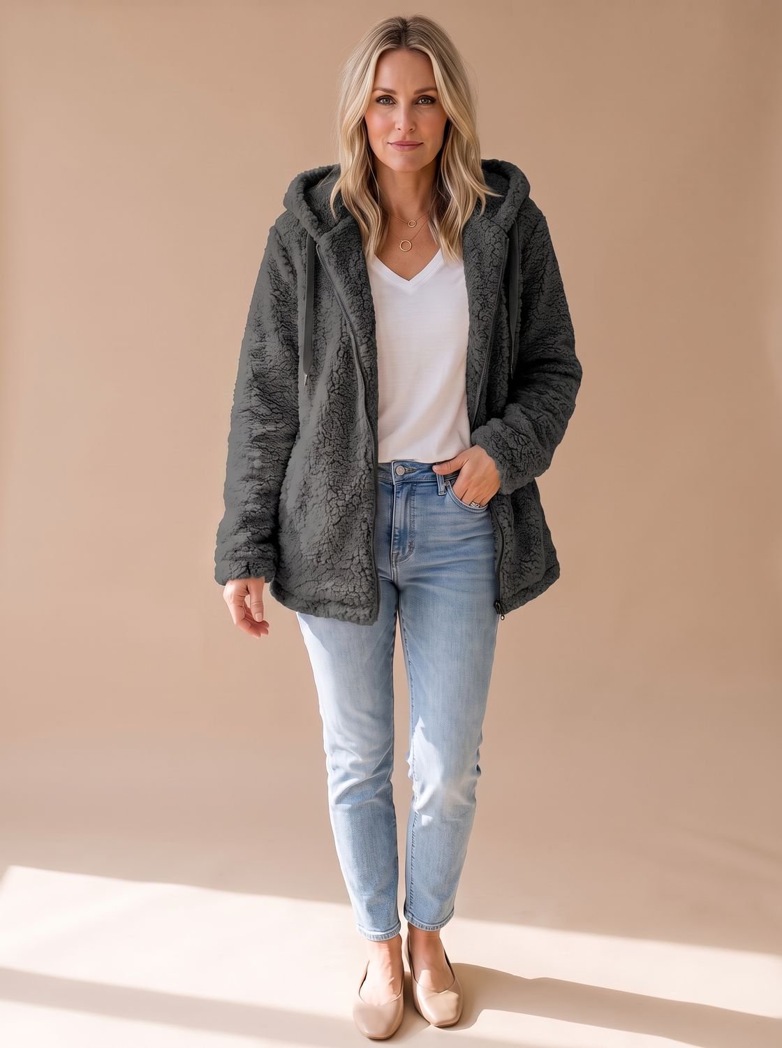 Women's Oversized Hooded Teddy Fleece Coat — view 3