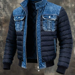 Men’s Blue Denim-Panel Quilted Puffer Jacket — view 1