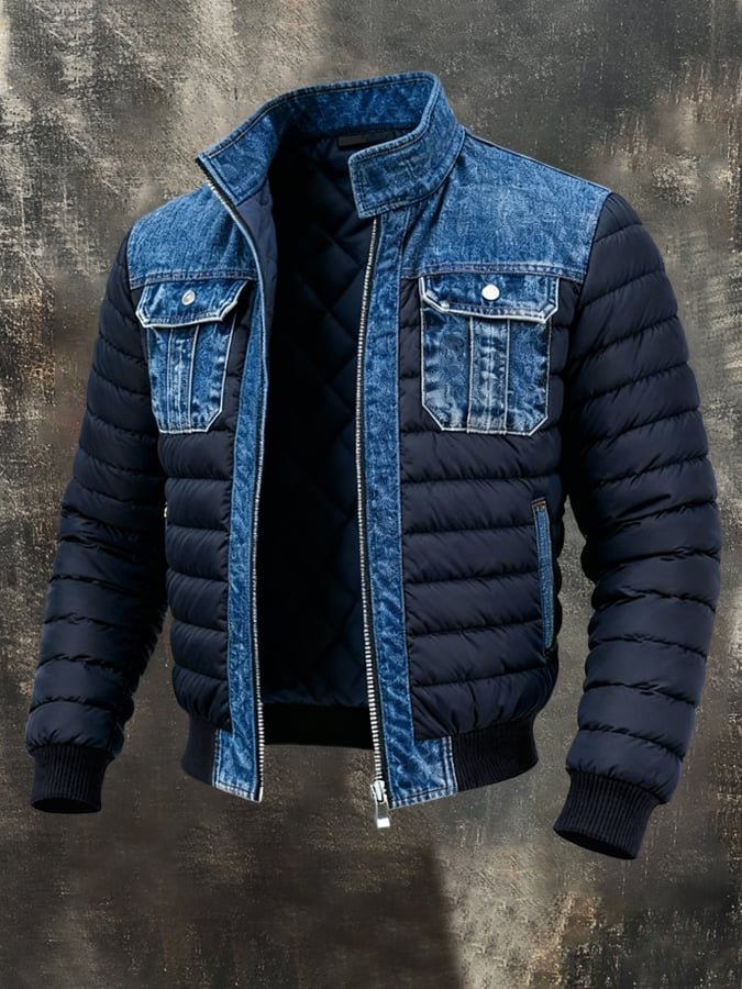 Men’s Blue Denim-Panel Quilted Puffer Jacket — view 1