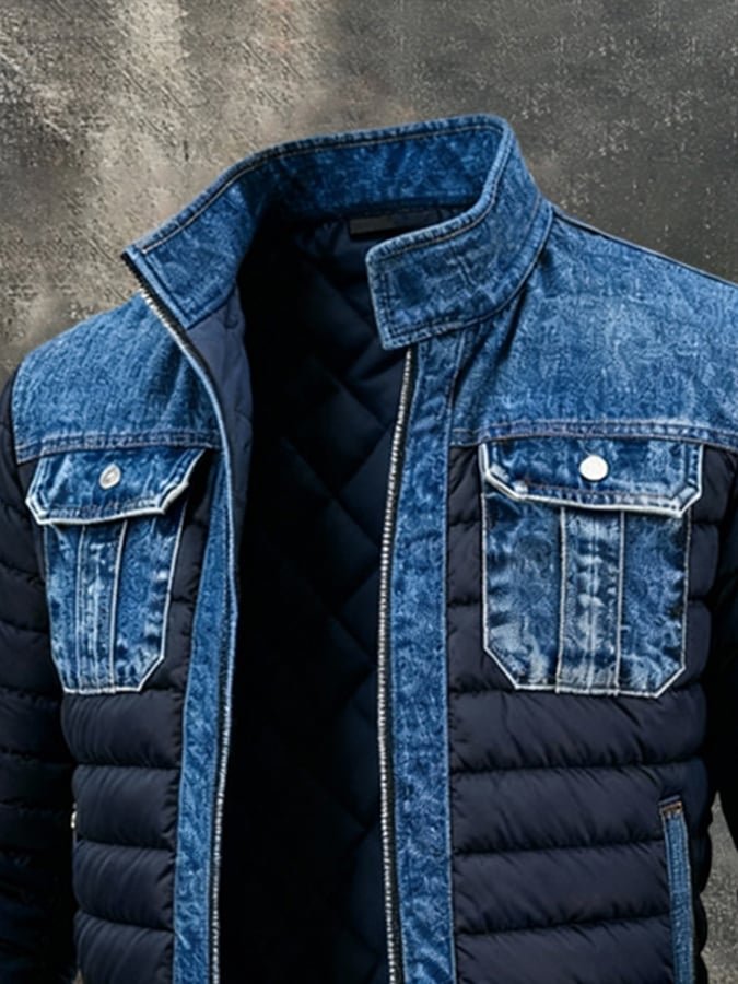 Men’s Blue Denim-Panel Quilted Puffer Jacket — view 2