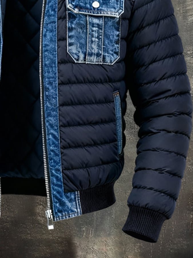 Men’s Blue Denim-Panel Quilted Puffer Jacket — view 3