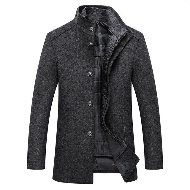 Men’s Long Quilted-Panel Coat with High Collar — view 2