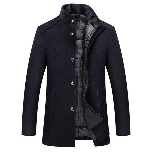 Men’s Long Quilted-Panel Coat with High Collar — view 3