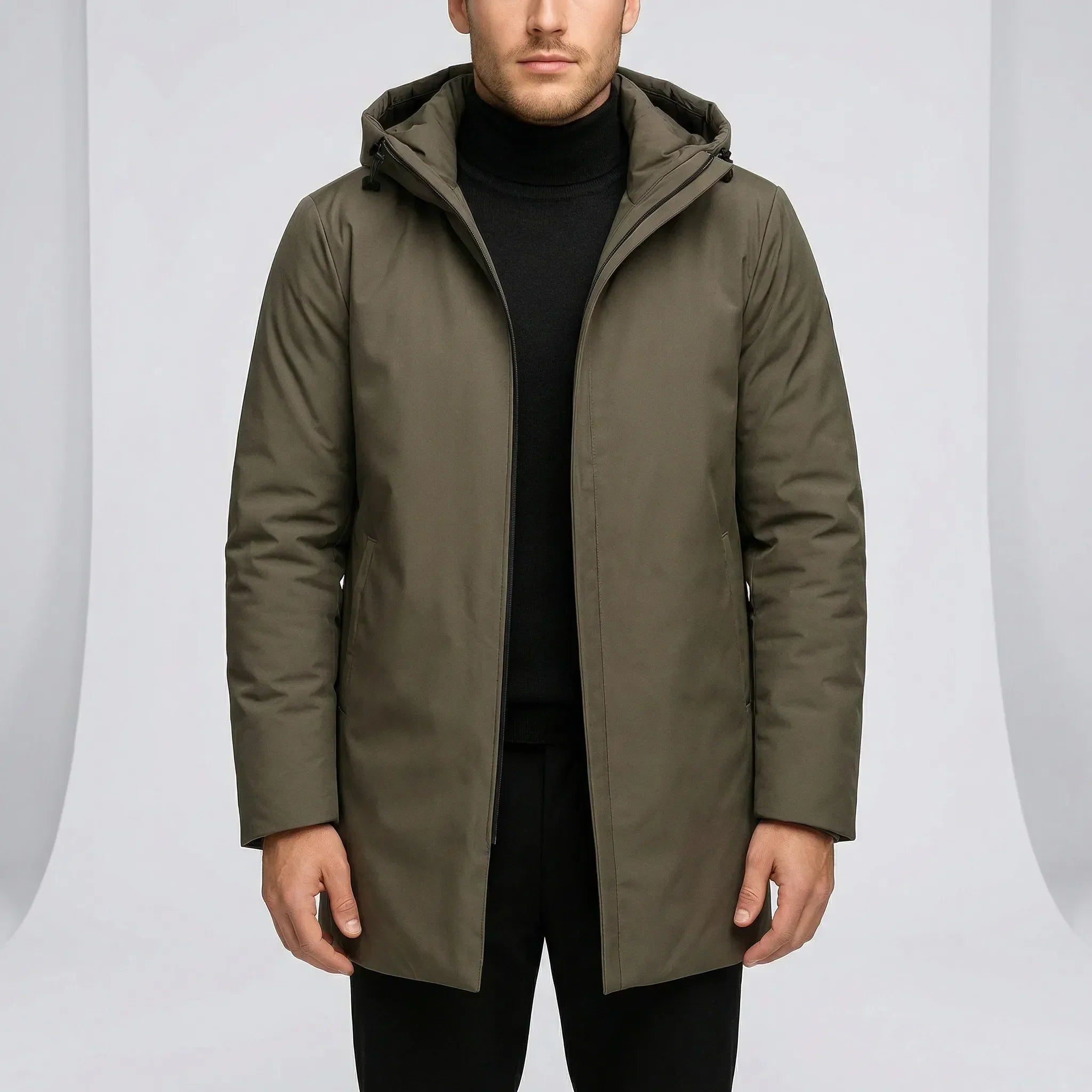 Men’s Hooded Coat with Concealed Front Closure — view 1