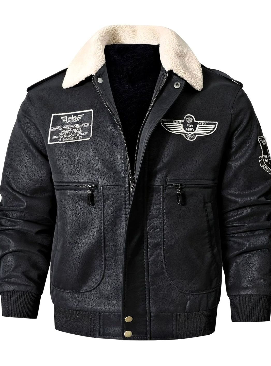 Men’s Faux Leather Aviator Bomber Jacket with Sherpa Collar — view 3