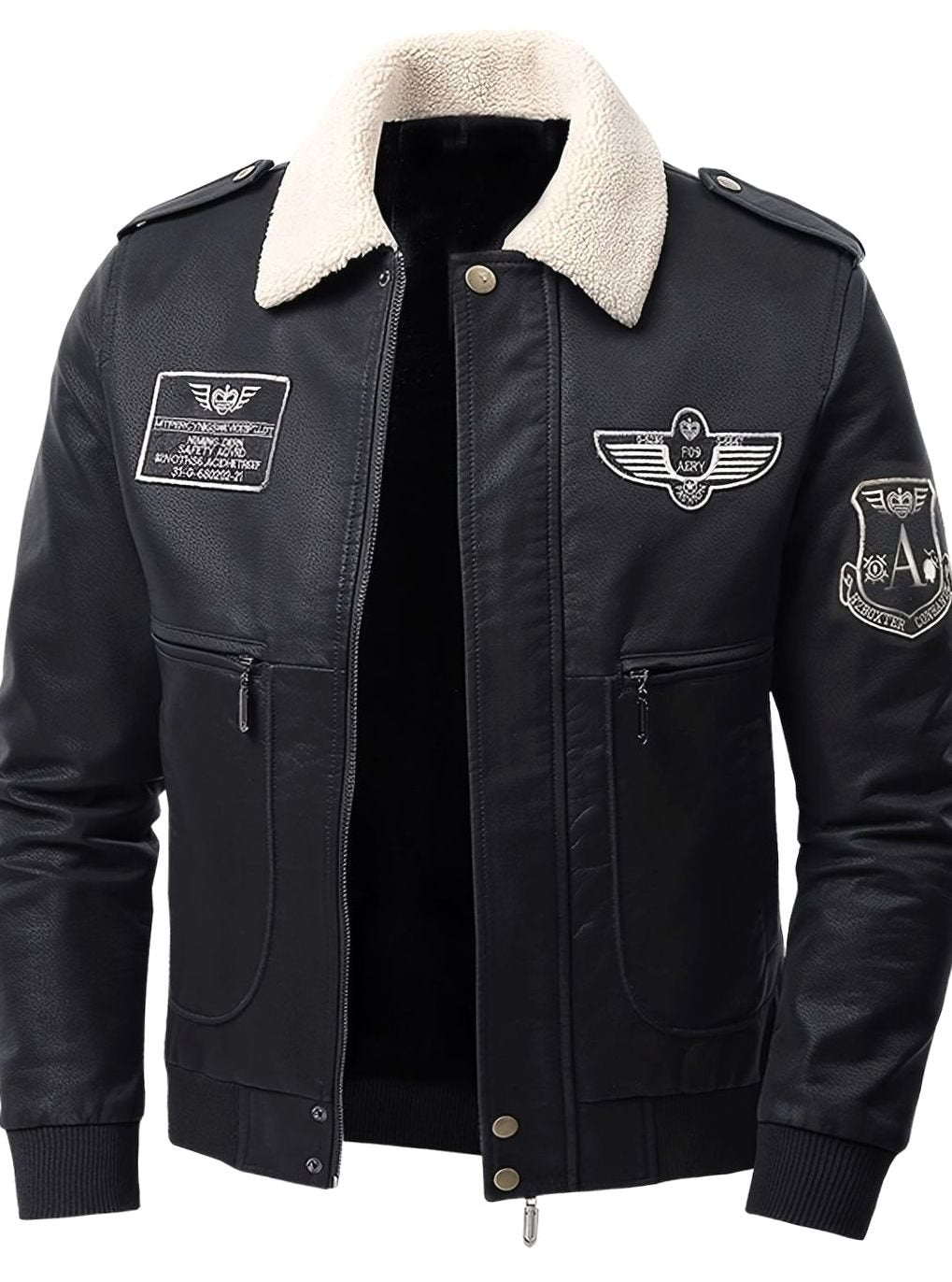 Men’s Faux Leather Aviator Bomber Jacket with Sherpa Collar — view 4