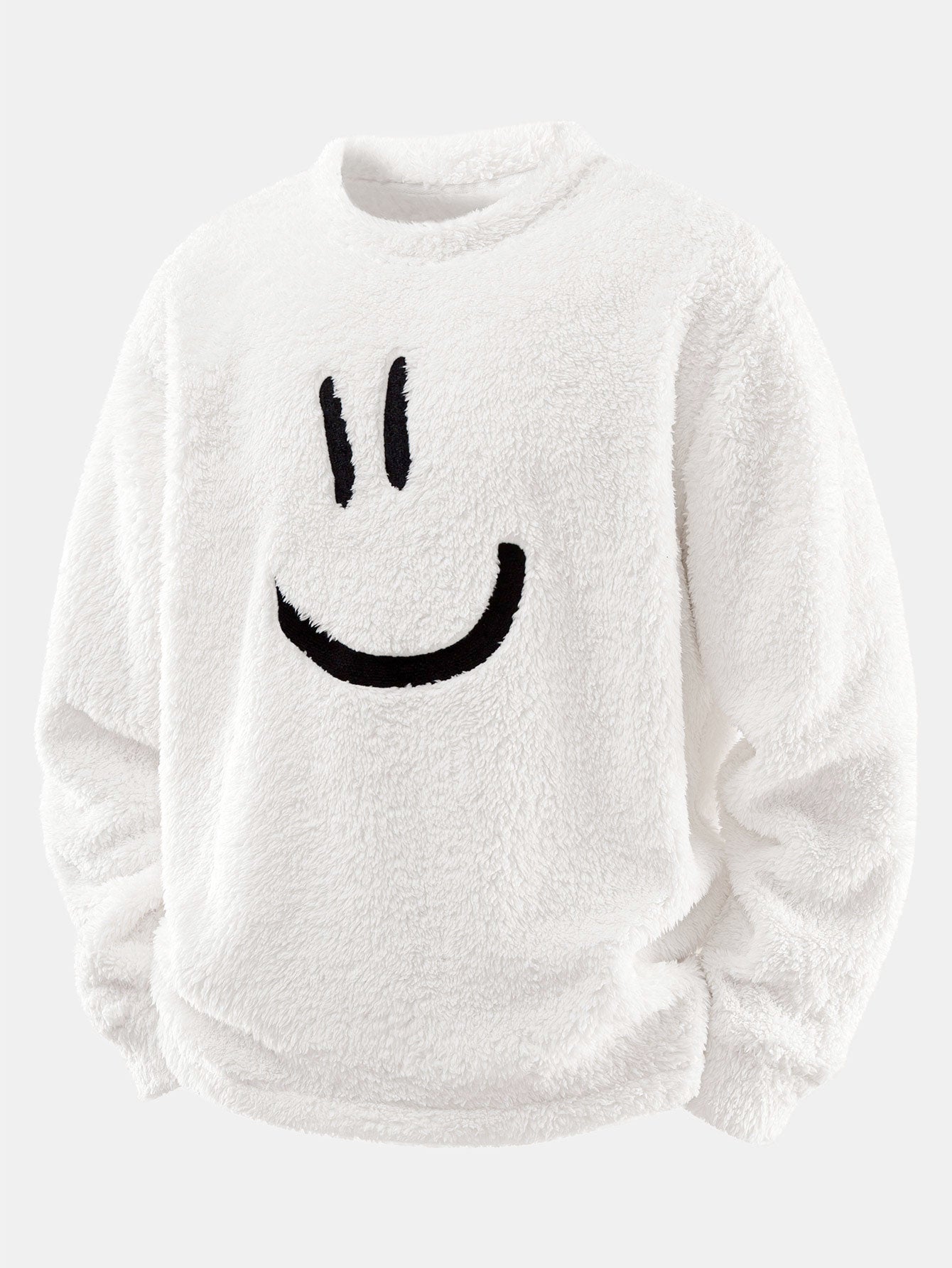 Men’s White Teddy Fleece Sweatshirt with Embroidered Smiley — view 1