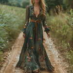 Women’s Embroidered Maxi Dress with Sheer Long Sleeves — view 1