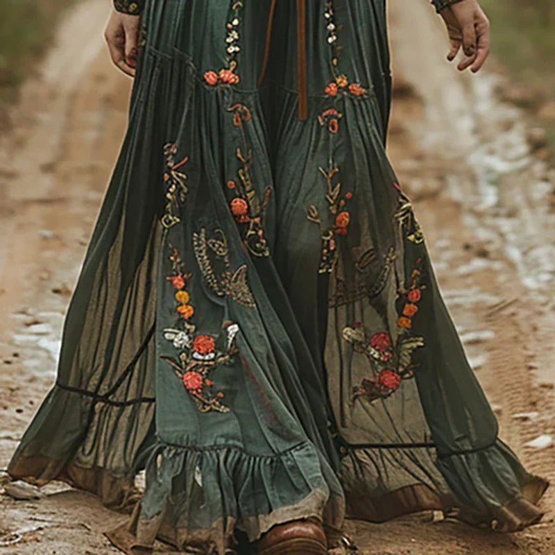 Women’s Embroidered Maxi Dress with Sheer Long Sleeves — view 2