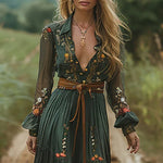 Women’s Embroidered Maxi Dress with Sheer Long Sleeves — view 3
