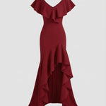 Fitted Evening Dress with Ruffled V-Neck and High-Low Hem — view 1