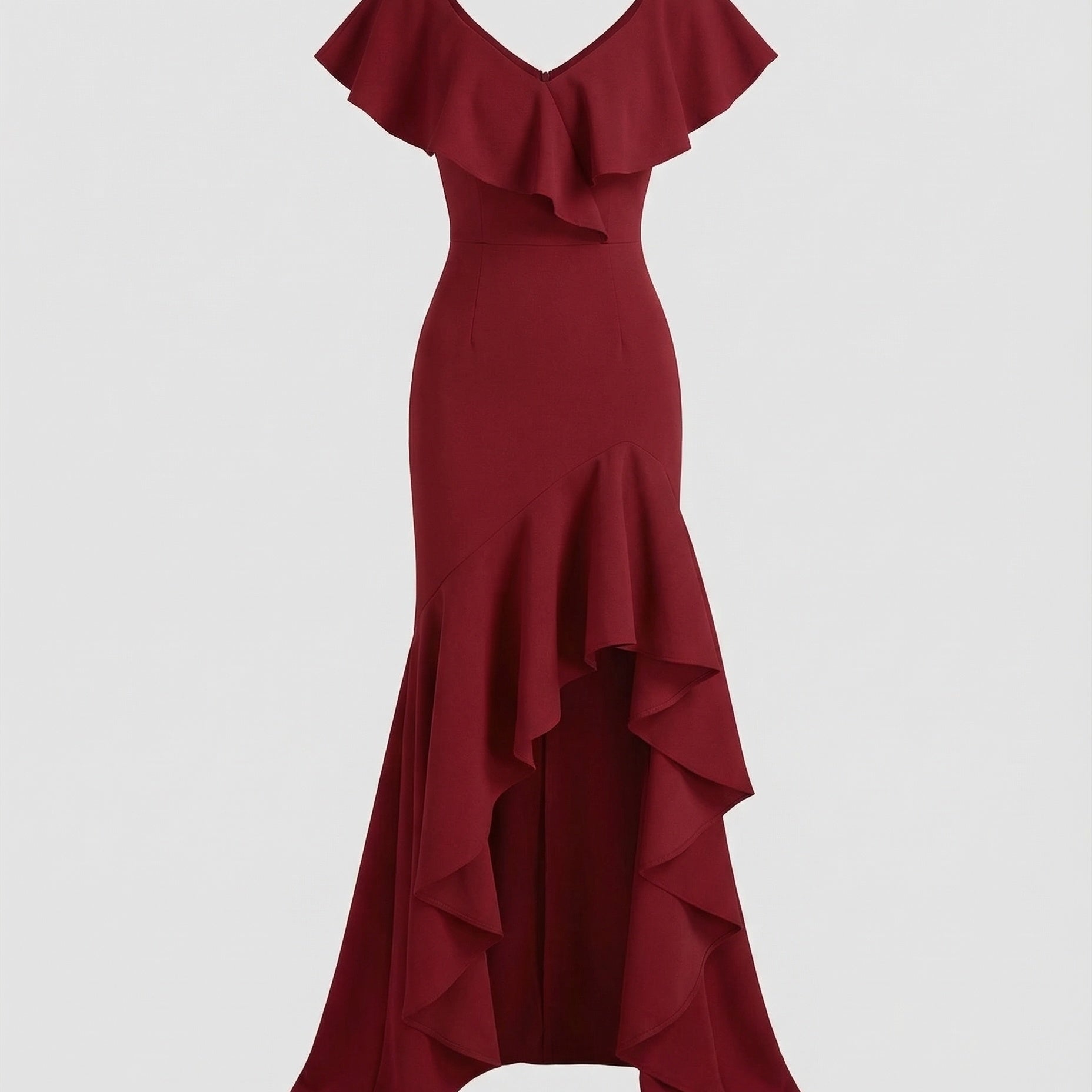 Fitted Evening Dress with Ruffled V-Neck and High-Low Hem — view 1