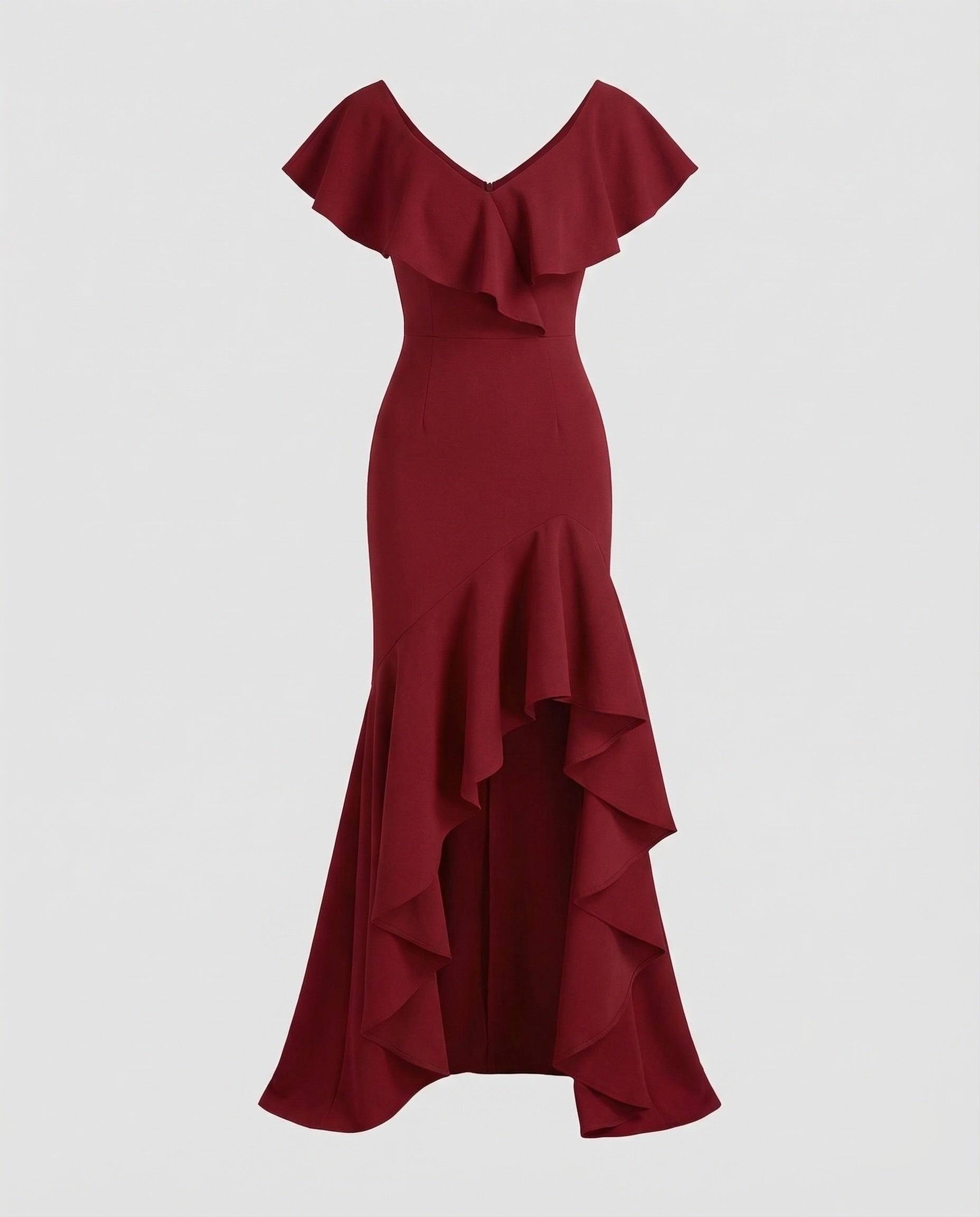 Fitted Evening Dress with Ruffled V-Neck and High-Low Hem — view 1