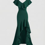 Fitted Evening Dress with Ruffled V-Neck and High-Low Hem — view 2