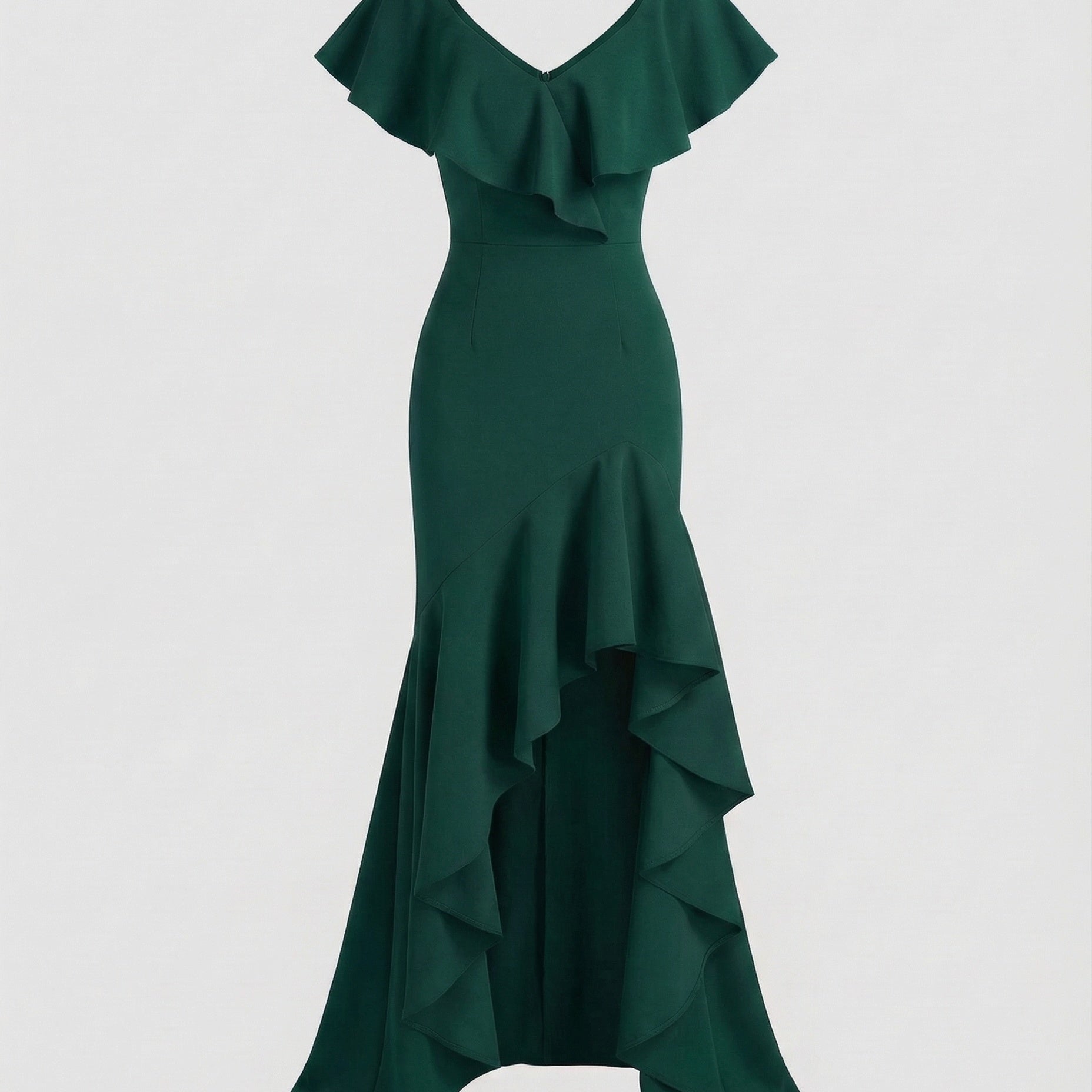 Fitted Evening Dress with Ruffled V-Neck and High-Low Hem — view 2