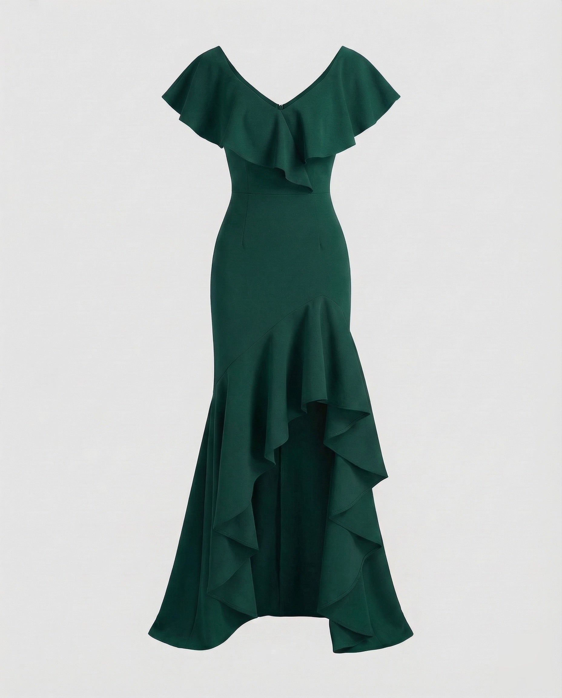 Fitted Evening Dress with Ruffled V-Neck and High-Low Hem — view 2