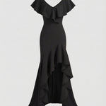 Fitted Evening Dress with Ruffled V-Neck and High-Low Hem — view 3