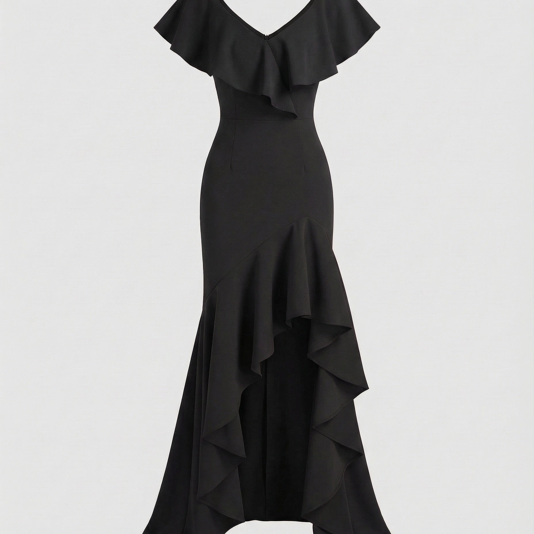 Fitted Evening Dress with Ruffled V-Neck and High-Low Hem — view 3
