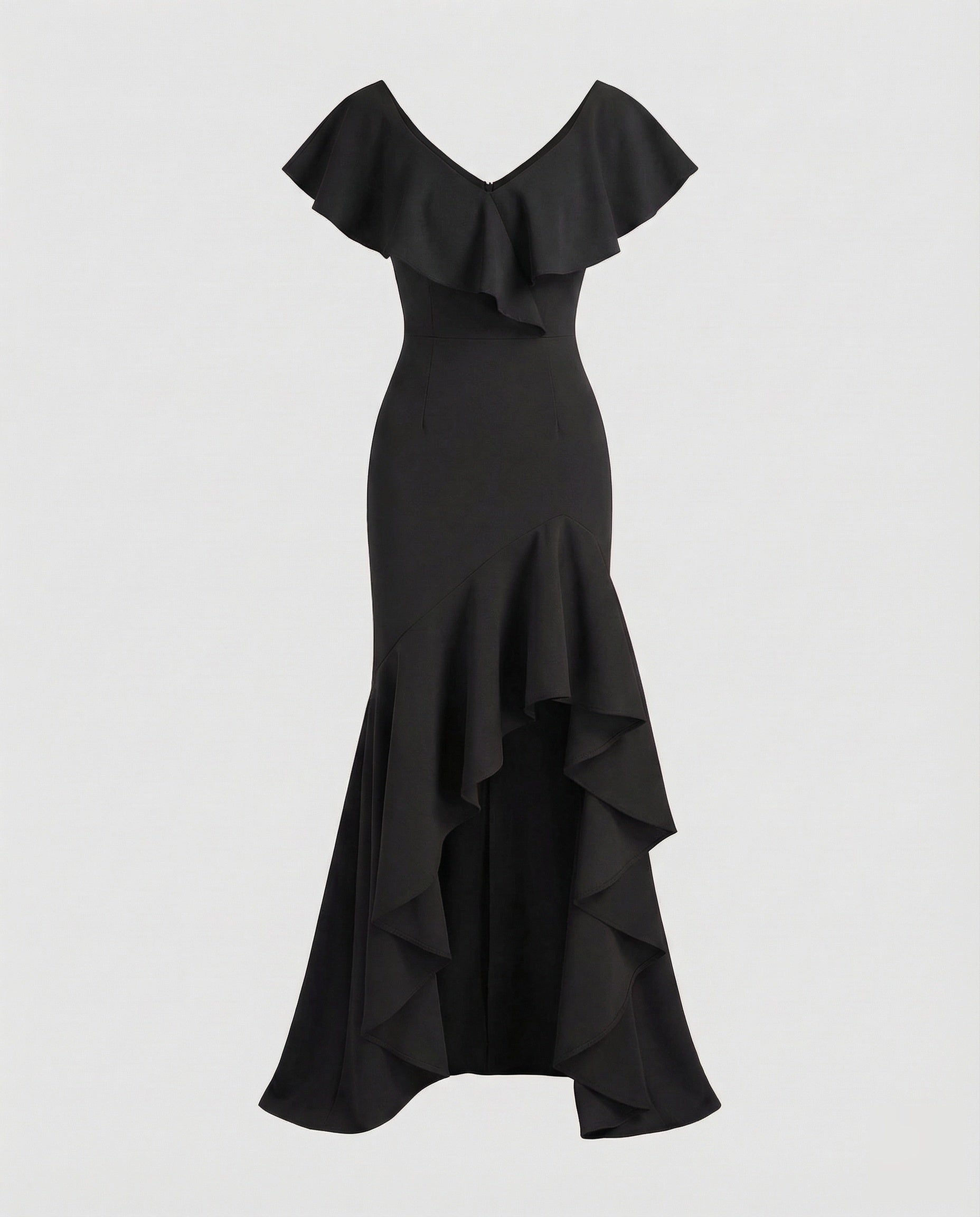 Fitted Evening Dress with Ruffled V-Neck and High-Low Hem — view 3