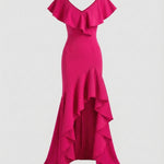 Fitted Evening Dress with Ruffled V-Neck and High-Low Hem — view 4
