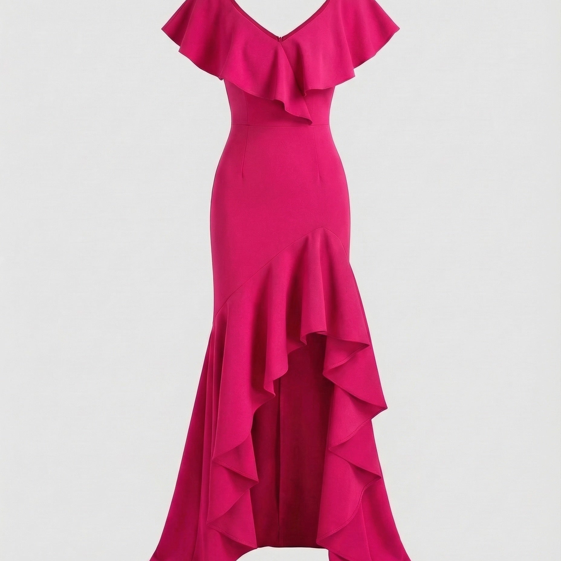 Fitted Evening Dress with Ruffled V-Neck and High-Low Hem — view 4