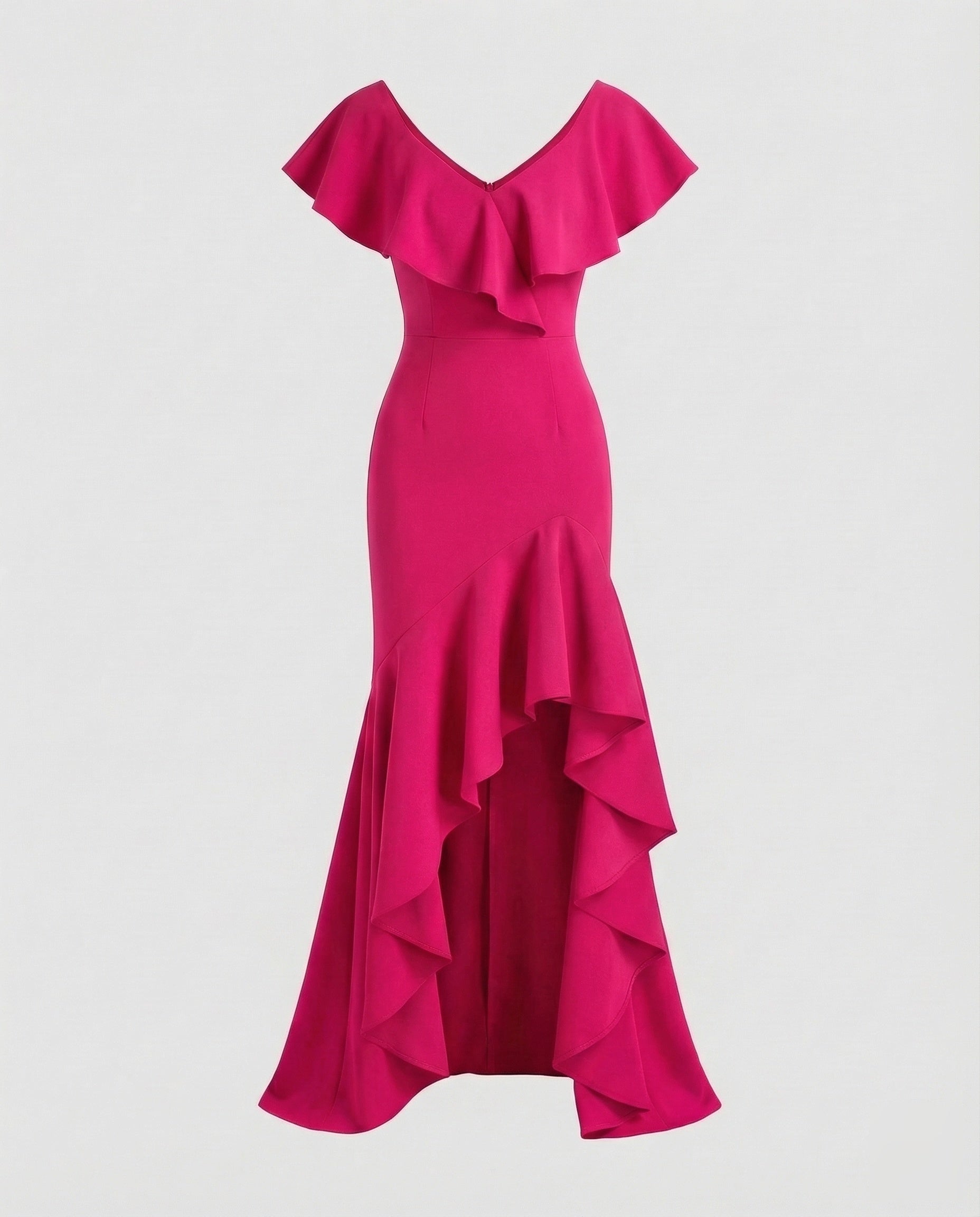 Fitted Evening Dress with Ruffled V-Neck and High-Low Hem — view 4