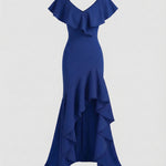 Fitted Evening Dress with Ruffled V-Neck and High-Low Hem — view 5