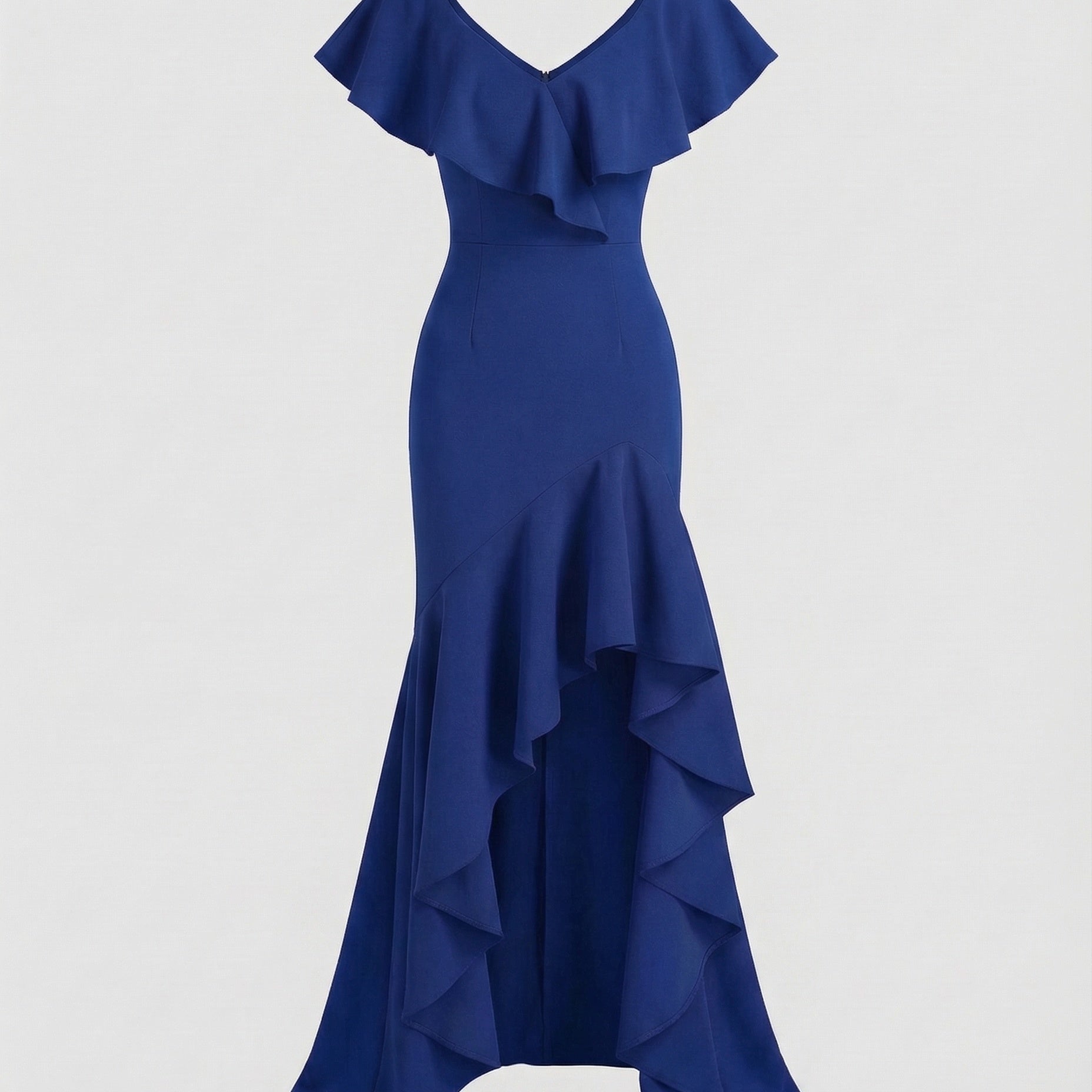 Fitted Evening Dress with Ruffled V-Neck and High-Low Hem — view 5