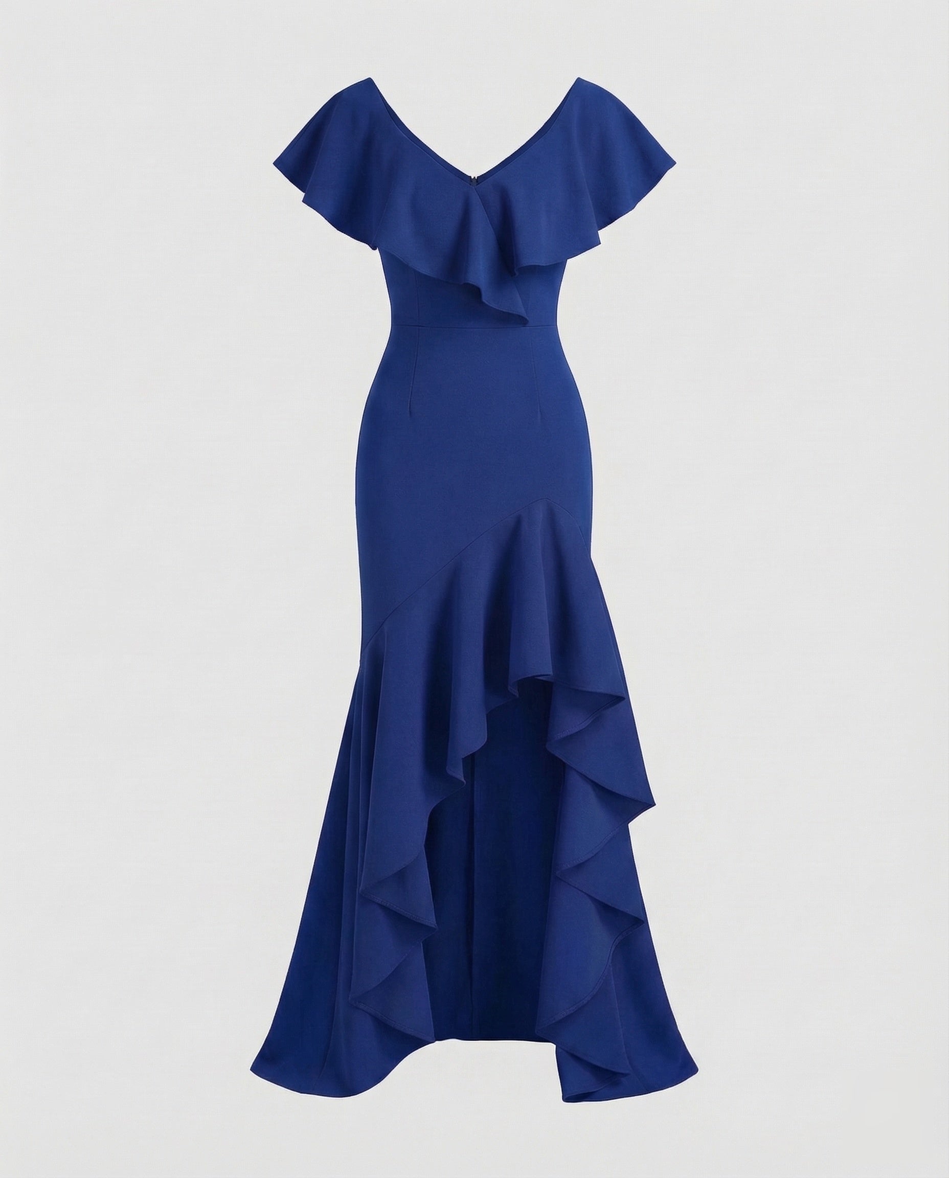 Fitted Evening Dress with Ruffled V-Neck and High-Low Hem — view 5