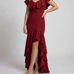 Fitted Evening Dress with Ruffled V-Neck and High-Low Hem — view 6