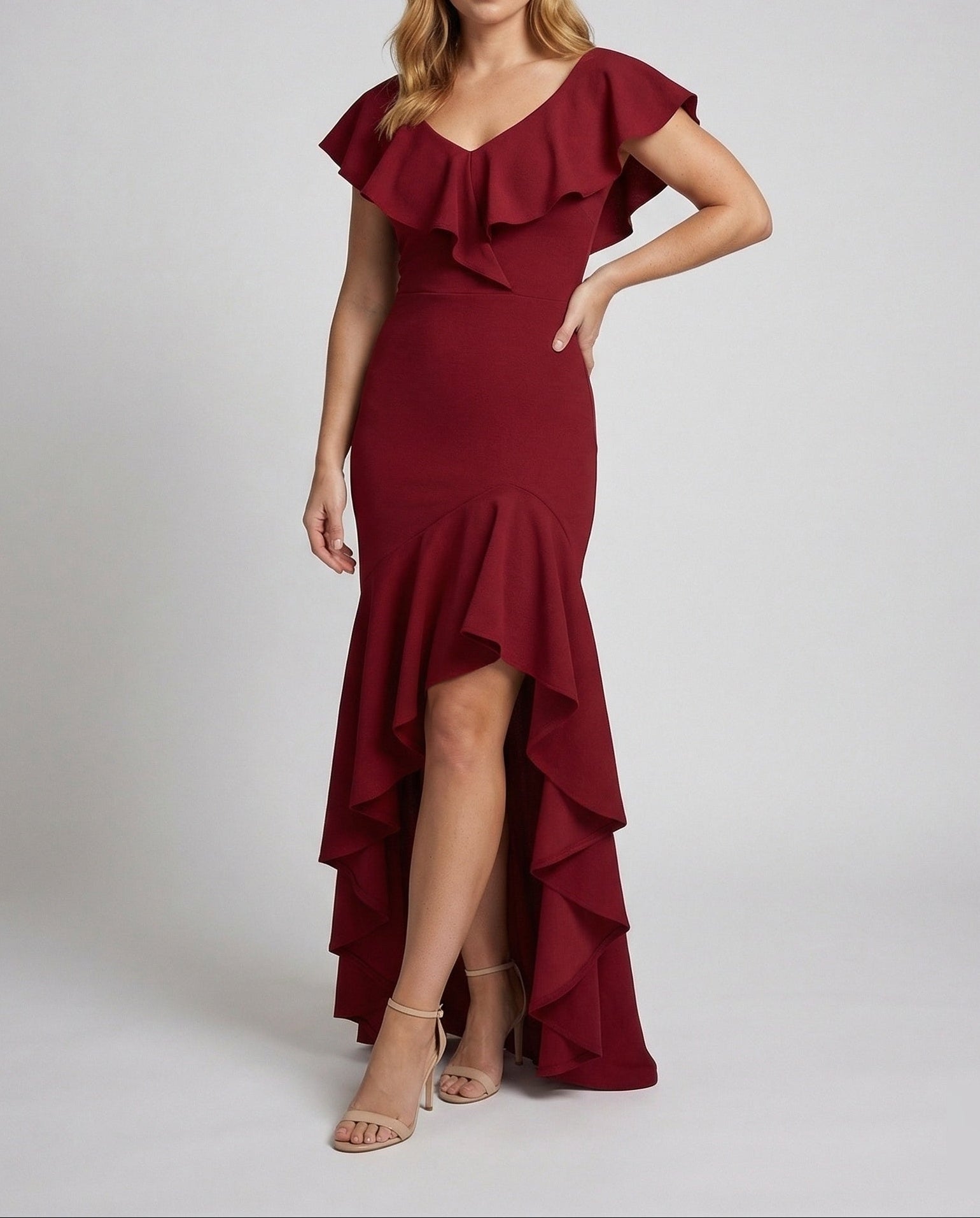 Fitted Evening Dress with Ruffled V-Neck and High-Low Hem — view 6