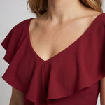 Fitted Evening Dress with Ruffled V-Neck and High-Low Hem — view 7
