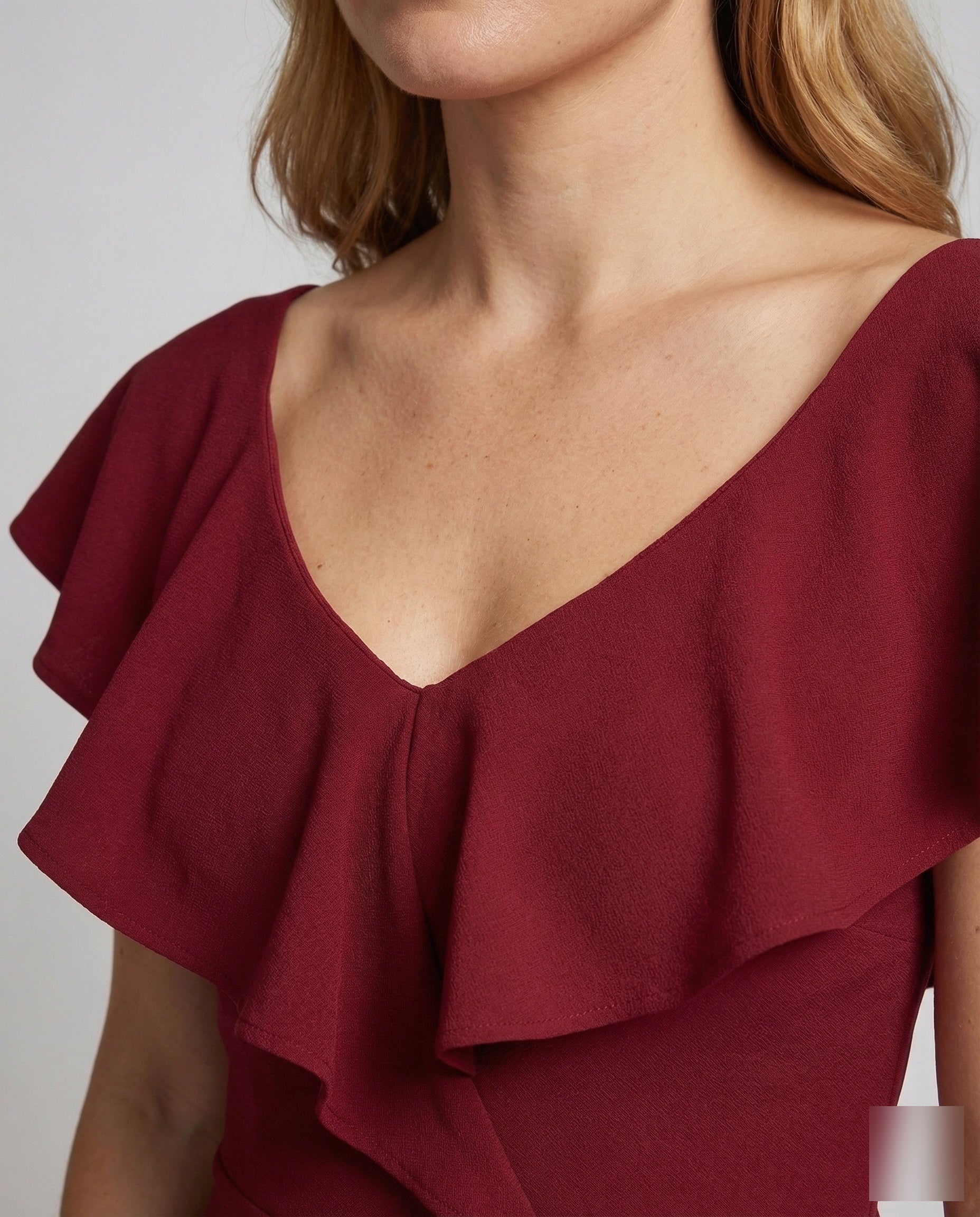 Fitted Evening Dress with Ruffled V-Neck and High-Low Hem — view 7