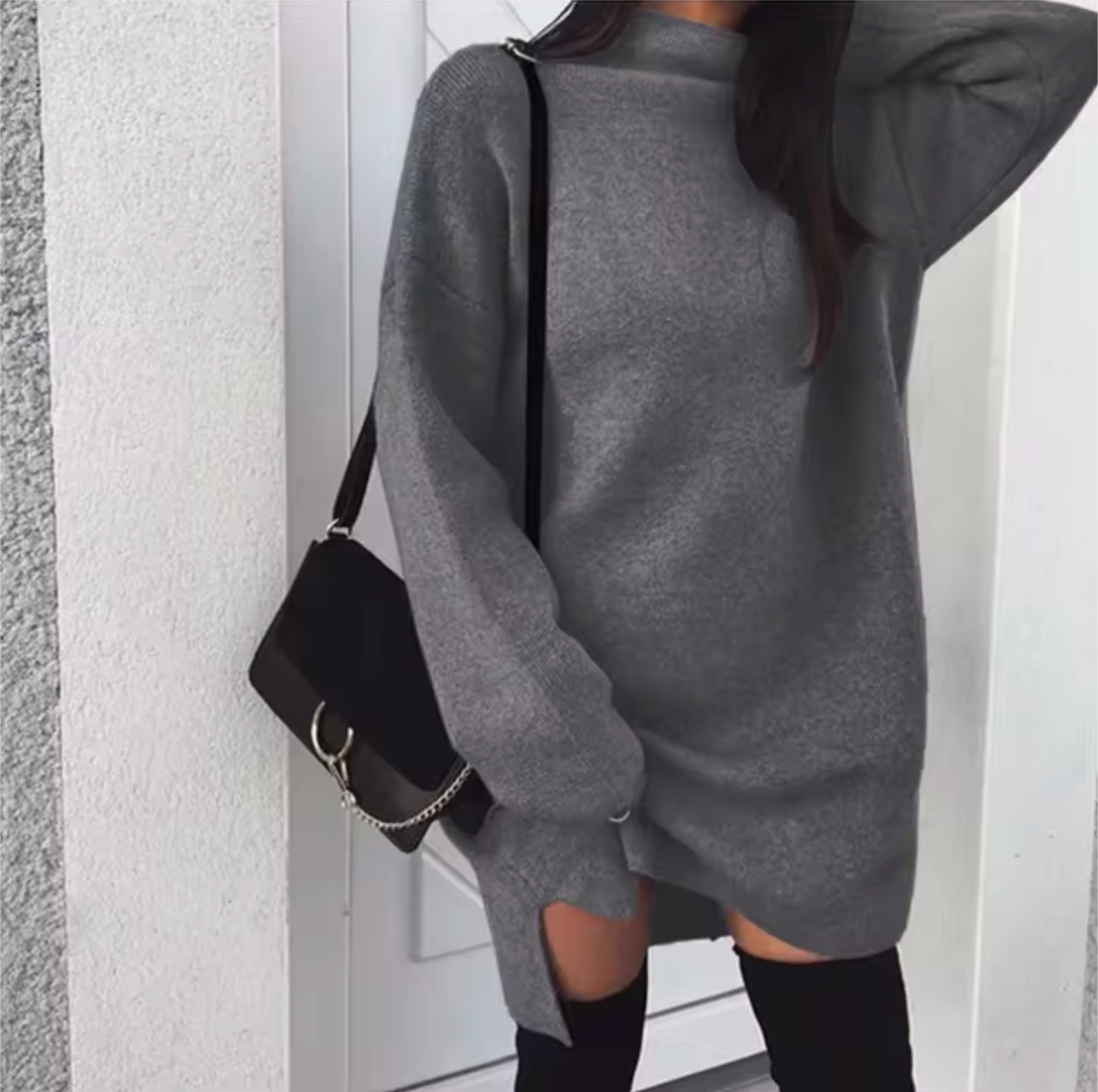 Oversized High-Neck Knitted Mini Dress — view 7