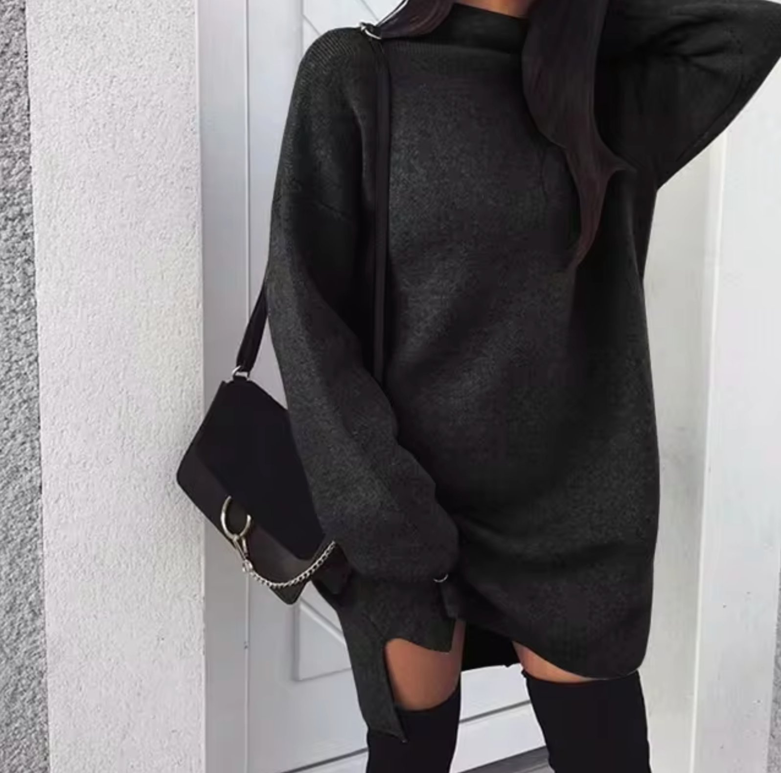 Oversized High-Neck Knitted Mini Dress — view 9