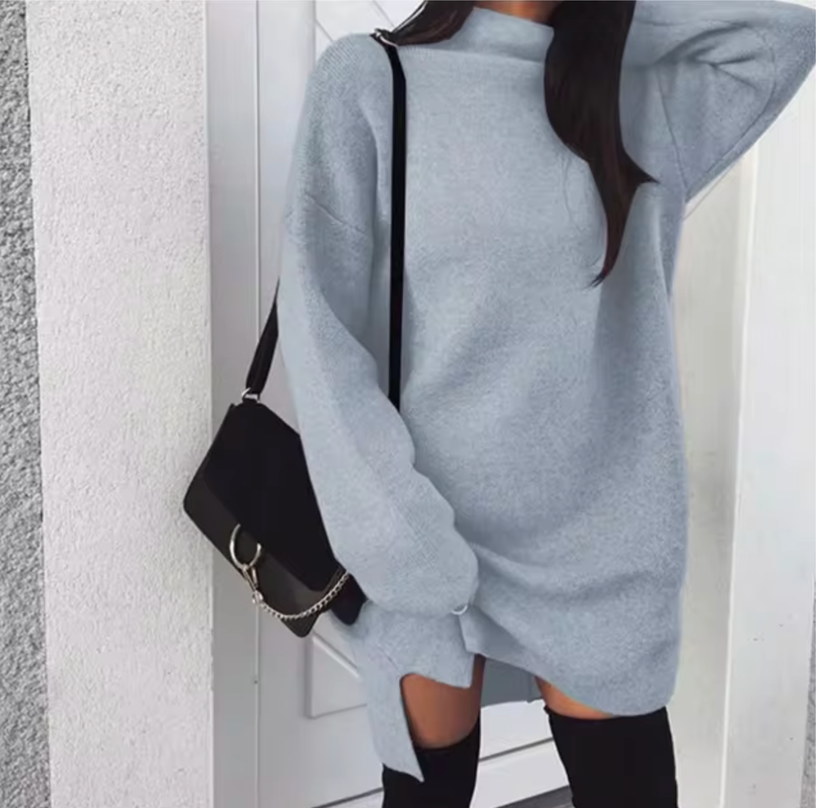 Oversized High-Neck Knitted Mini Dress — view 10